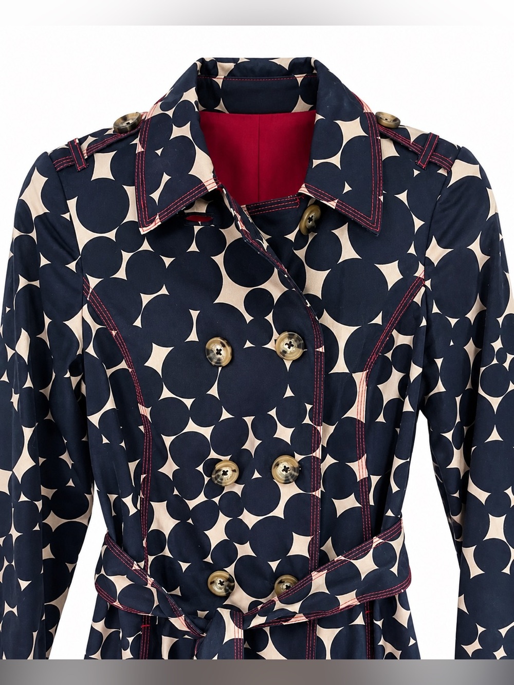 Boden Navy Polka Dot Belted Trench Coat Red Lining US 8 - Picture 4 of 10